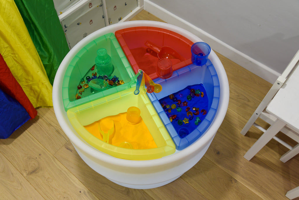 Top view of four-quadrant plastic sand tray with yellow, green, red and blue sections