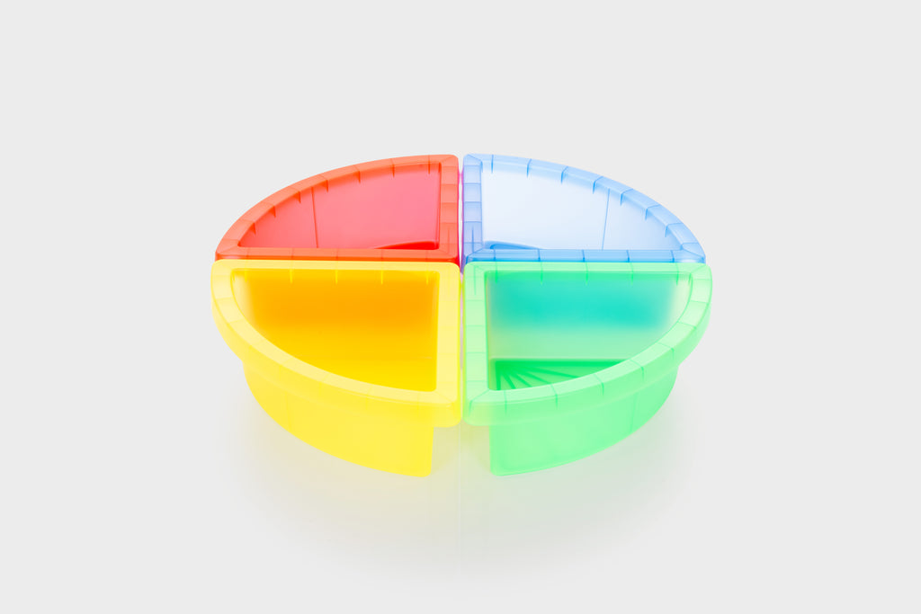 Four-quadrant plastic sand tray with orange, blue, green and yellow sections