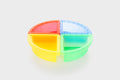 Four-quadrant plastic sand tray with orange, blue, green and yellow sections