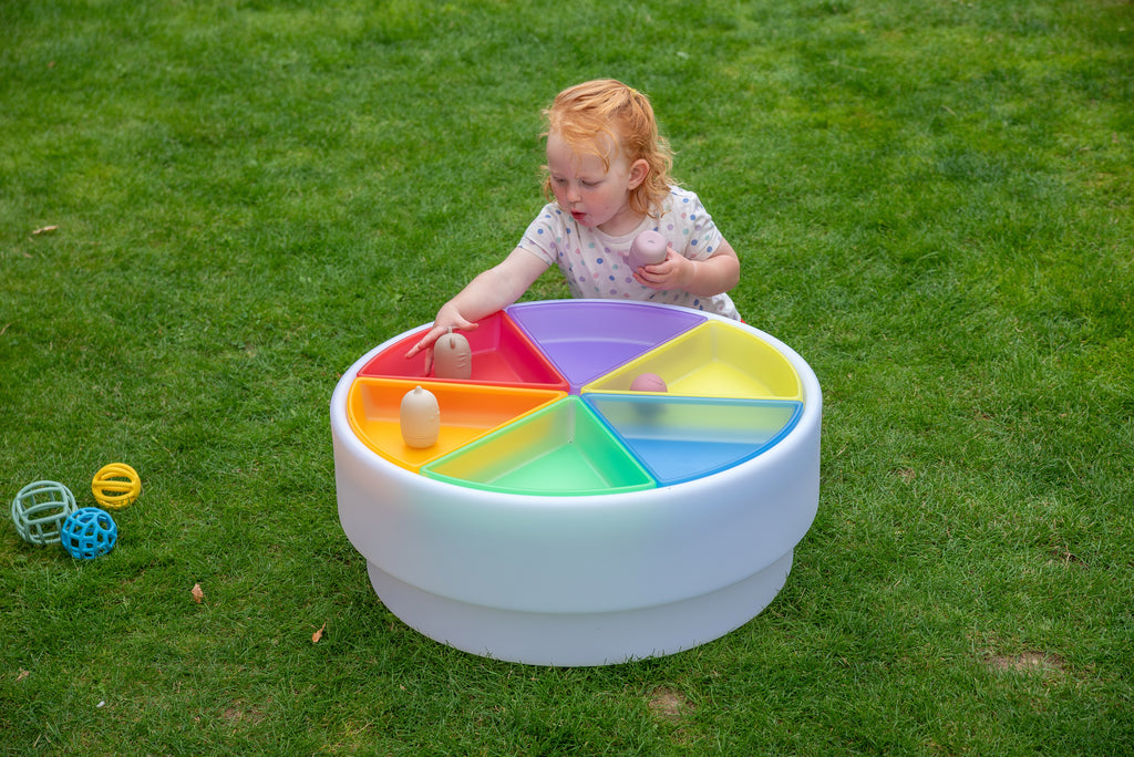 Round plastic color tray set with 6 rainbow compartments for kids to sort pieces