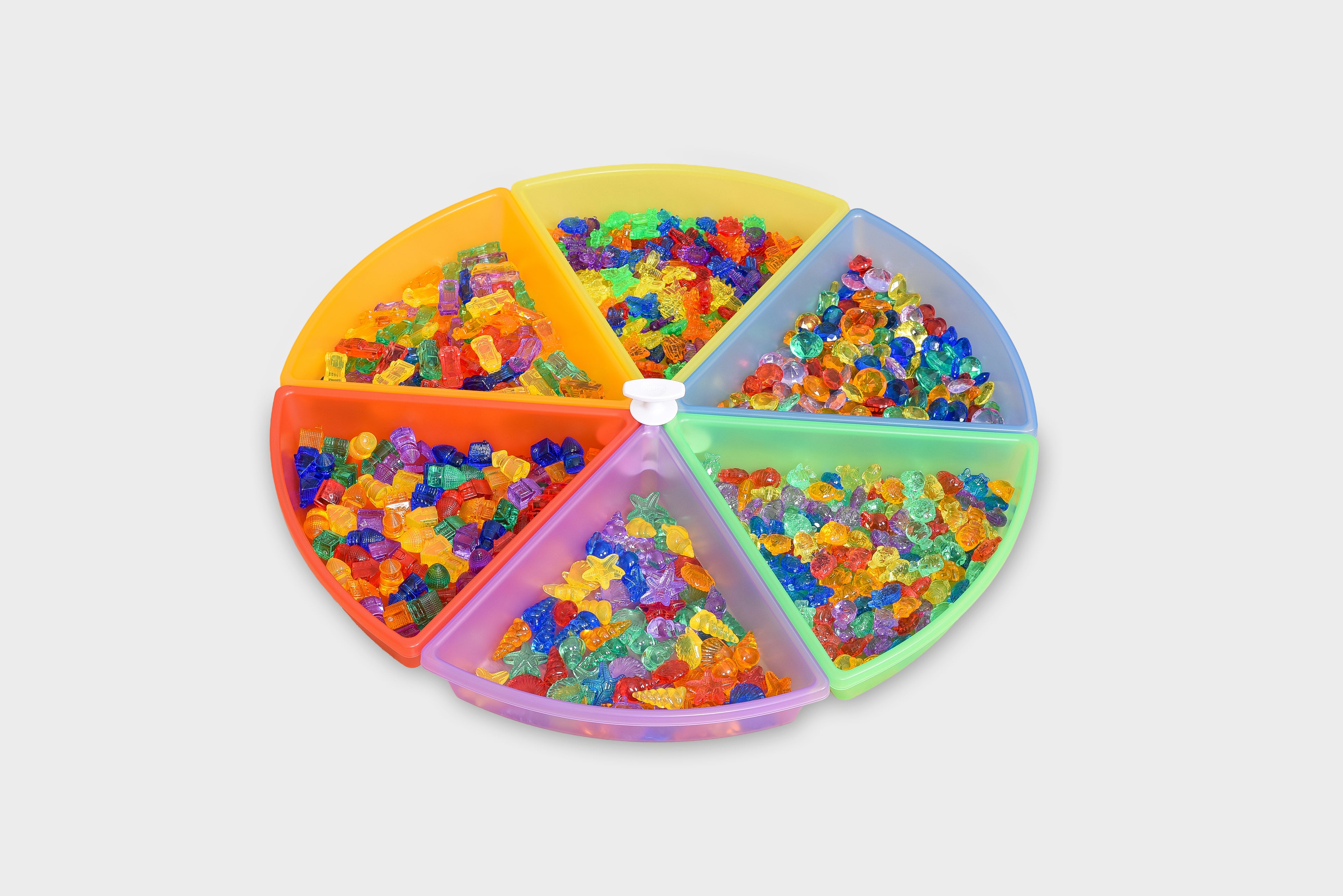 Round plastic color tray set with 6 rainbow compartments, clear central spinner
