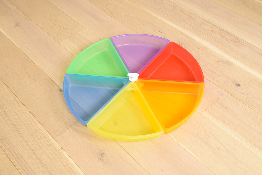 Round plastic color tray set with 6 rainbow compartments and central divider