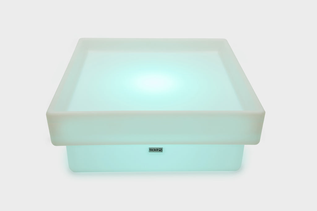 Light mint square glow table with shallow tray and front logo
