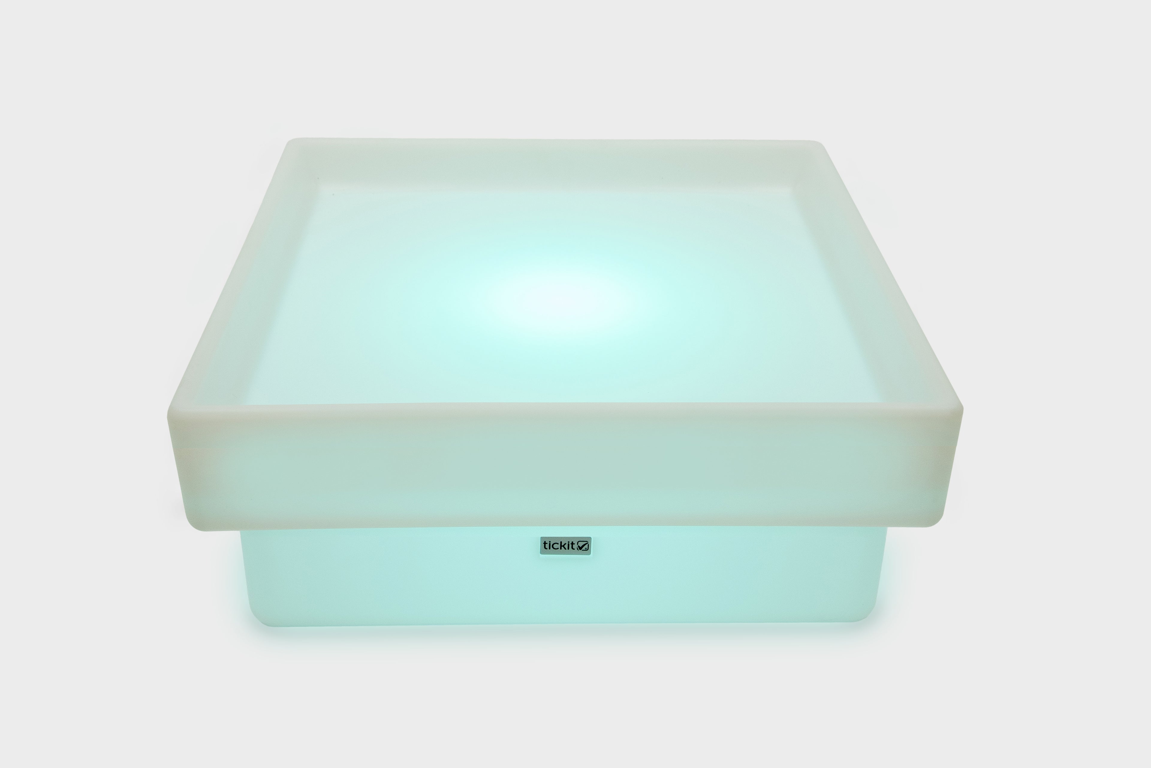 Light mint square glow table with shallow tray and front logo