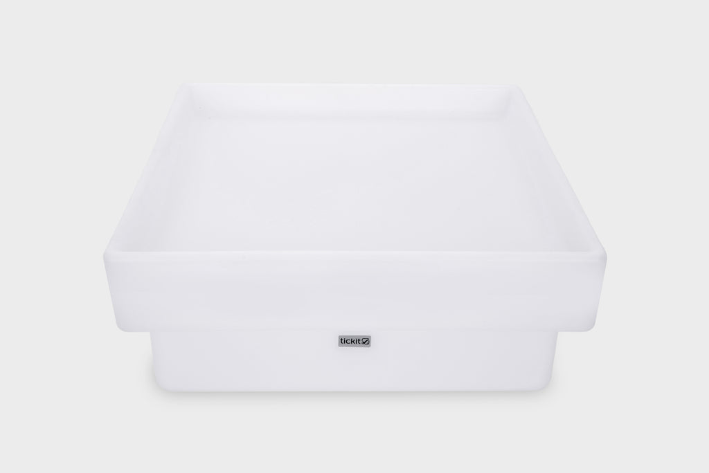 White square glow table with shallow tray and front logo