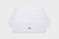 White square glow table with shallow tray and front logo