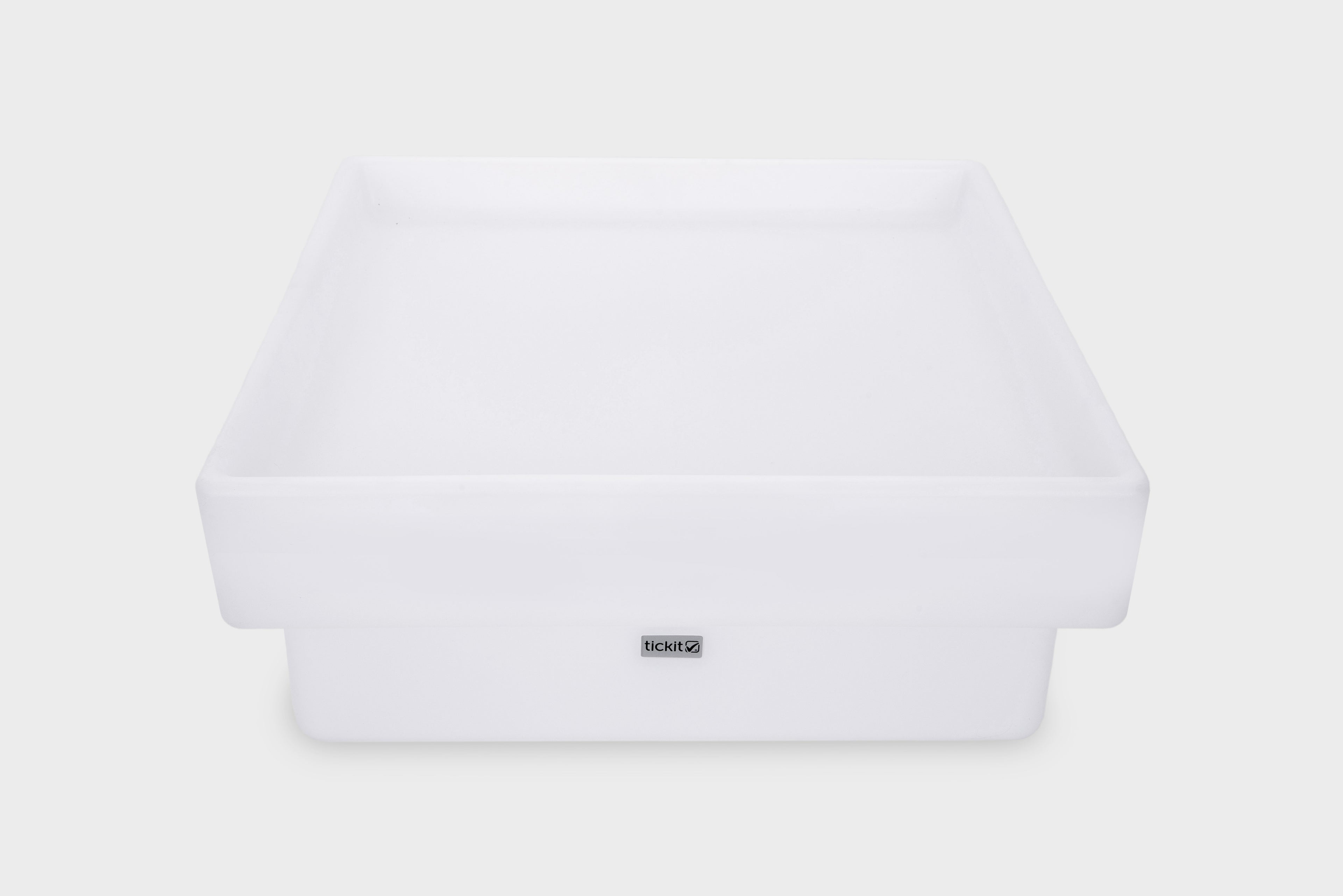 White square glow table with shallow tray and front logo