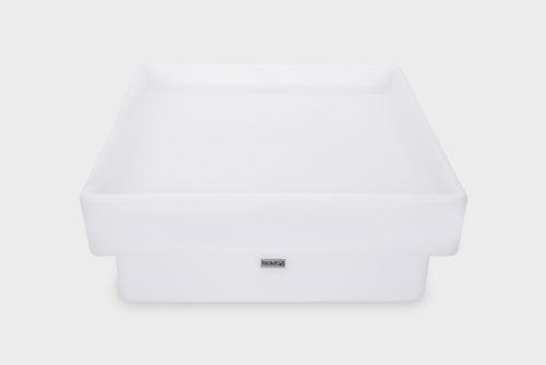 White square glow table with shallow tray and front logo