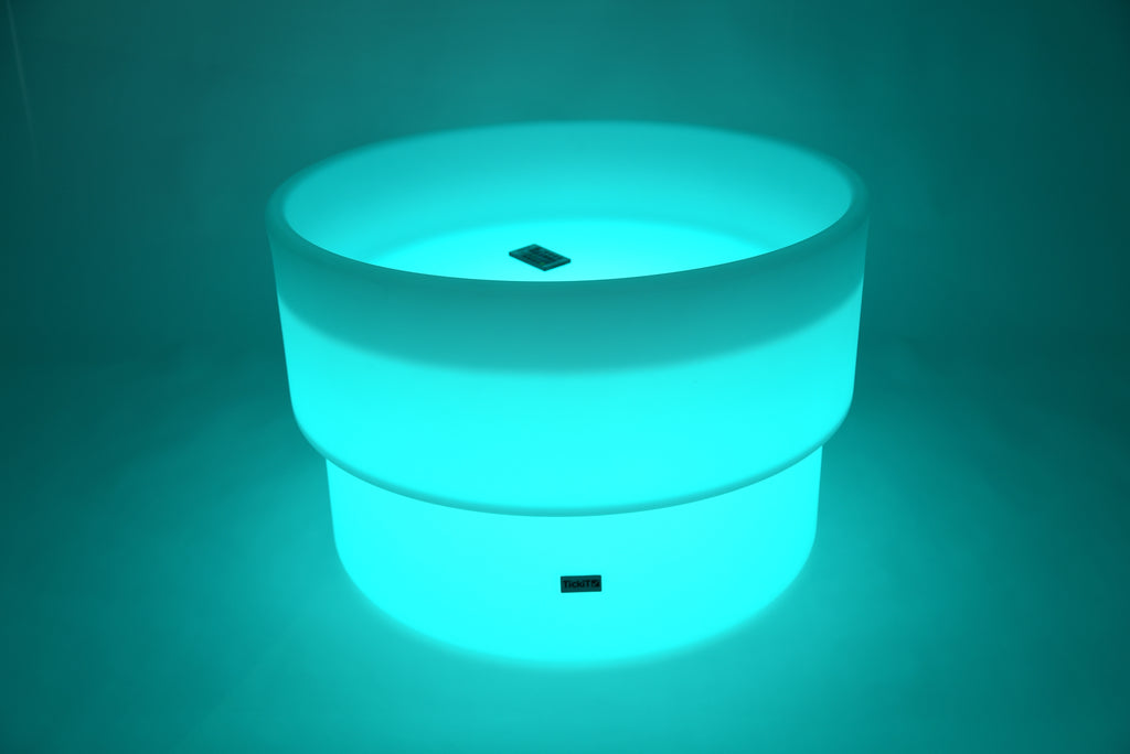 Glowing LED water table, teal light, round top