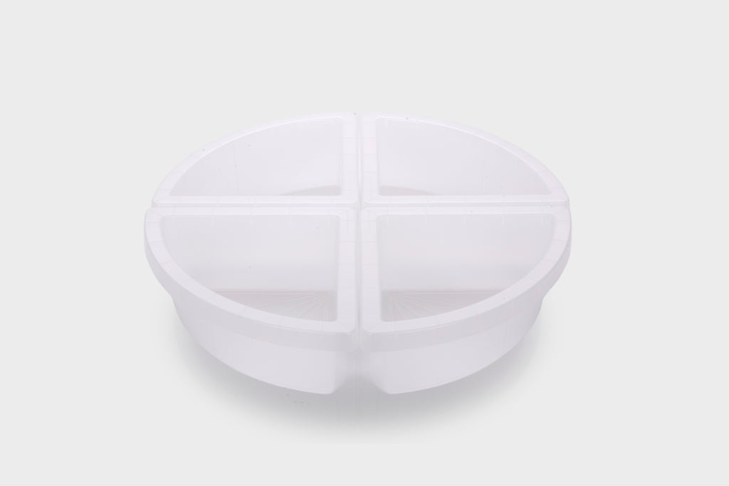 Clear round quadrant tray with four divided compartments, transparent plastic base