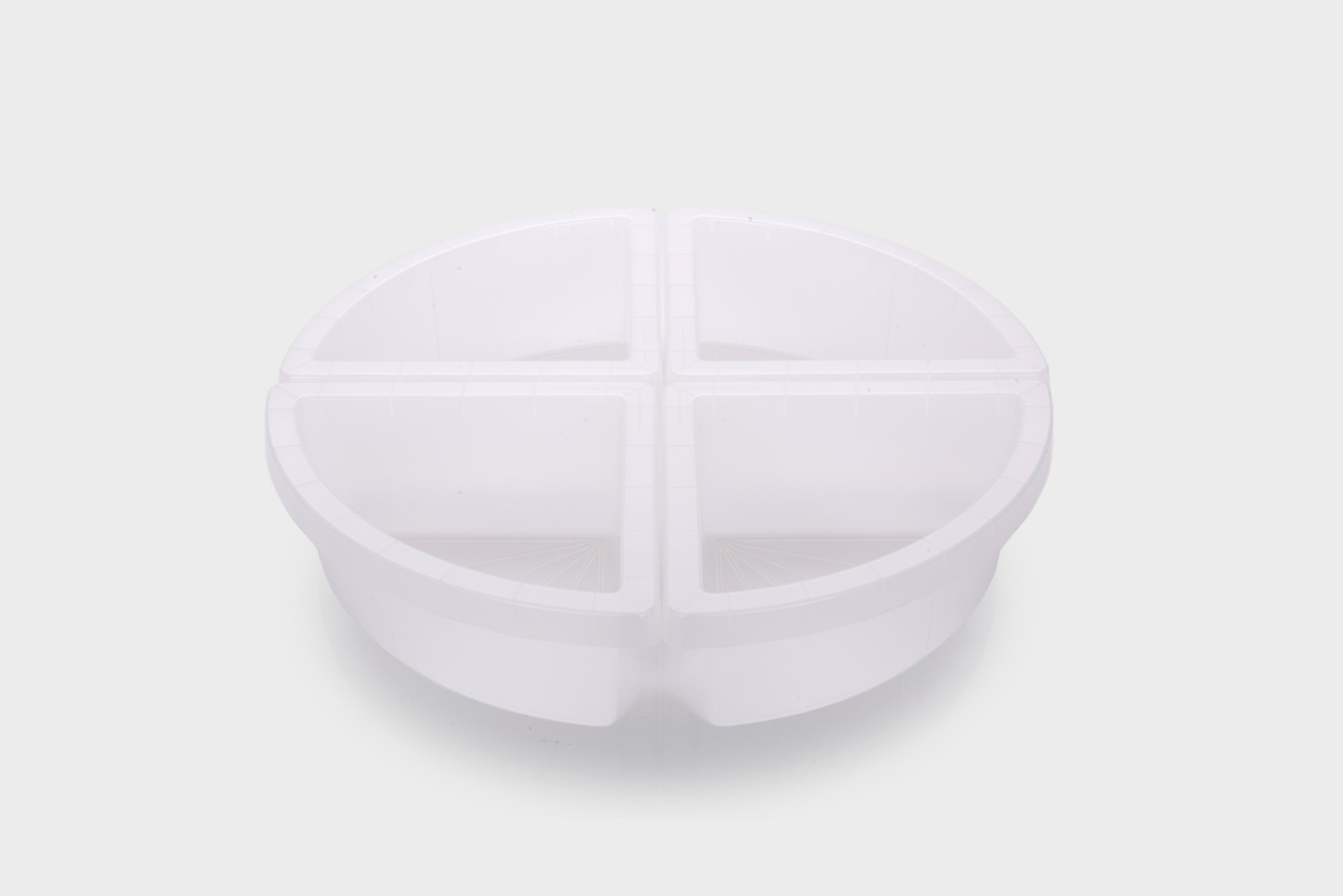 Clear round quadrant tray with four divided compartments, transparent plastic base