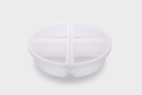 Clear round quadrant tray with four divided compartments, transparent plastic base