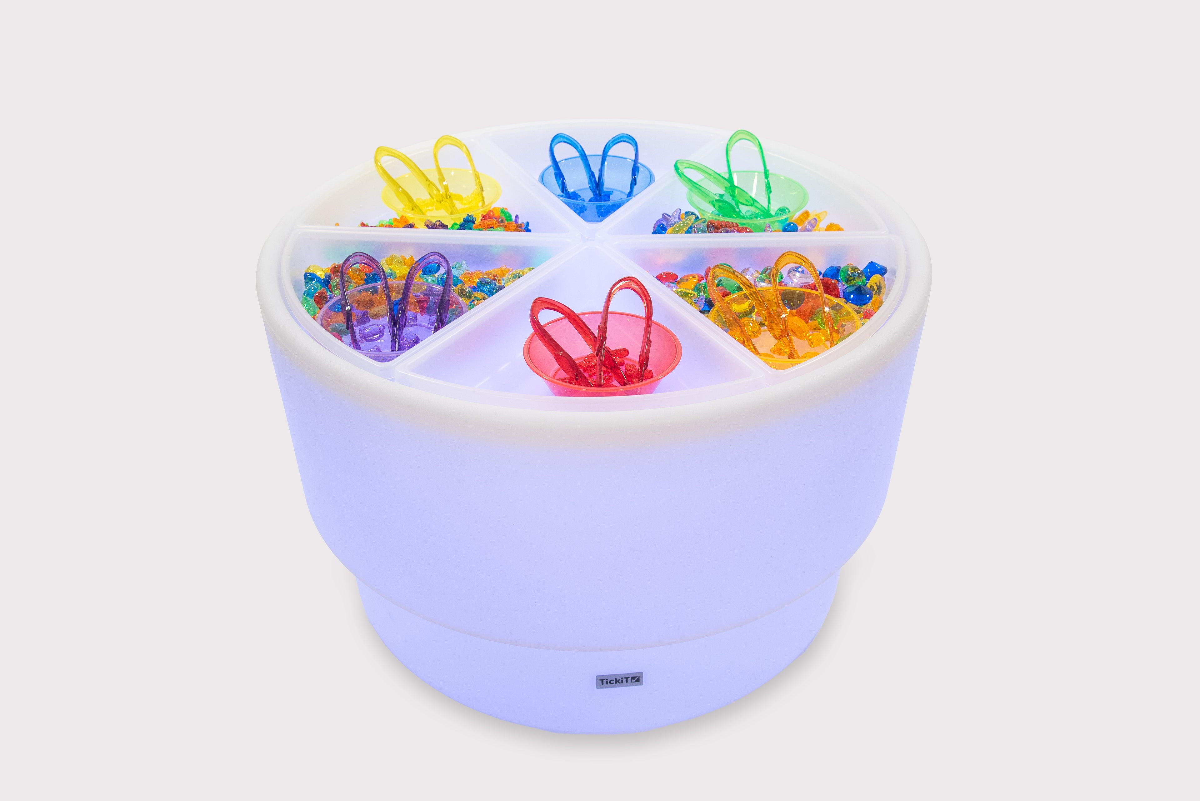 Light blue round sorting table with clear lid and five compartments for toys and beads