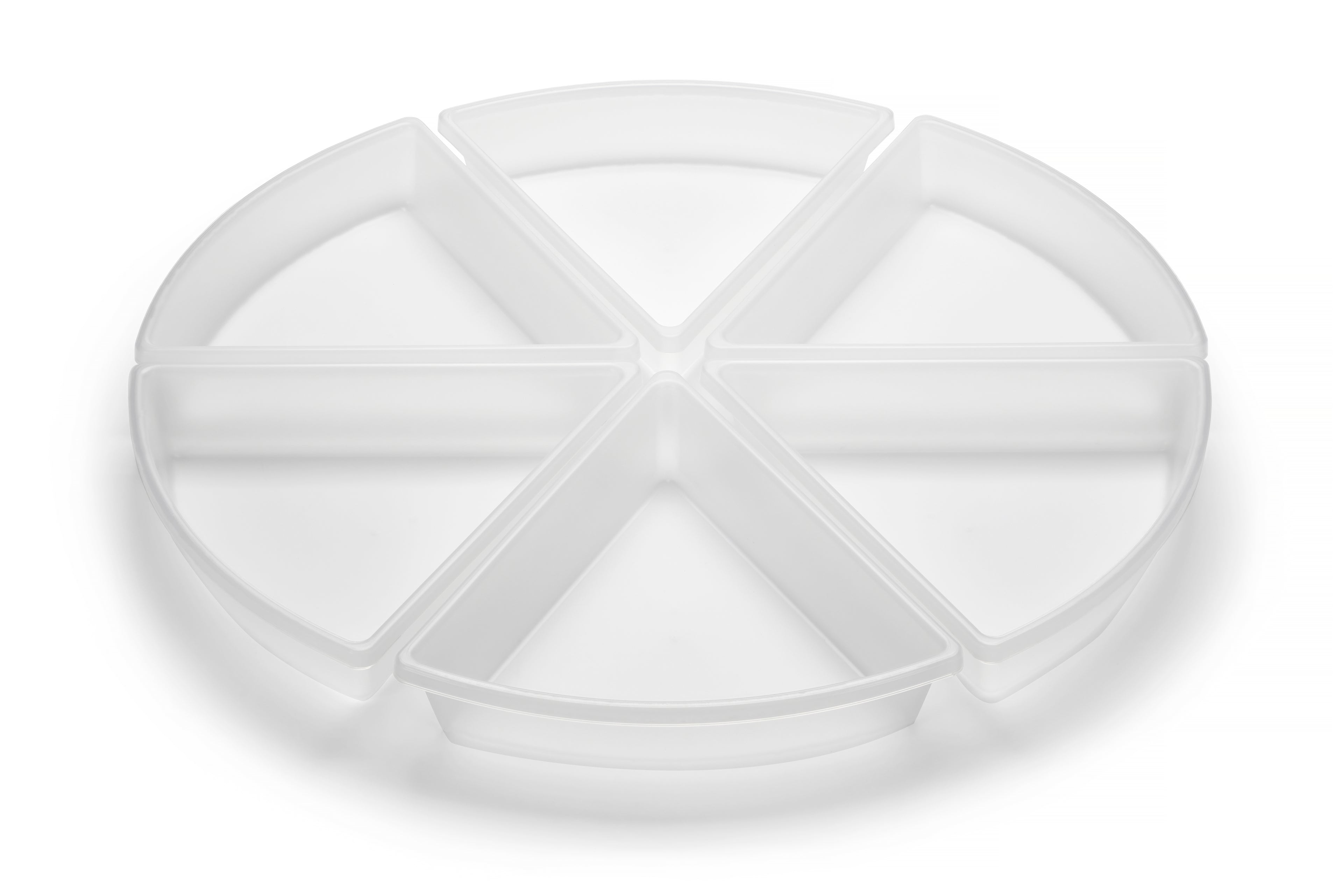 Set of 6 round plastic discovery trays with six divided compartments, white