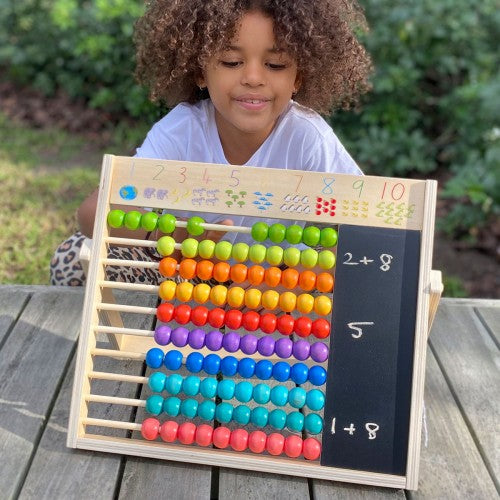 Wooden counting abacus with multicolor beads and number cards