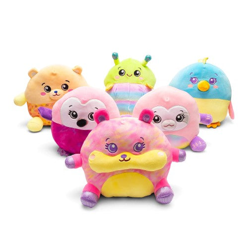 Five-piece plush animal toy set with bright multicolor faces