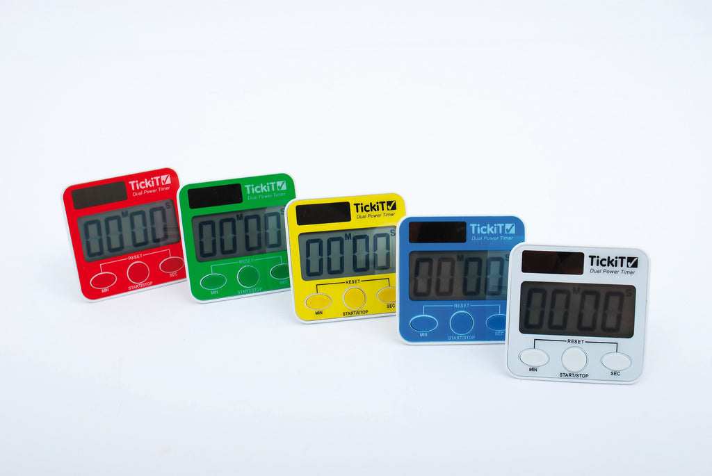 Assorted dual power digital timers in red, green, yellow, blue, gray, and white.