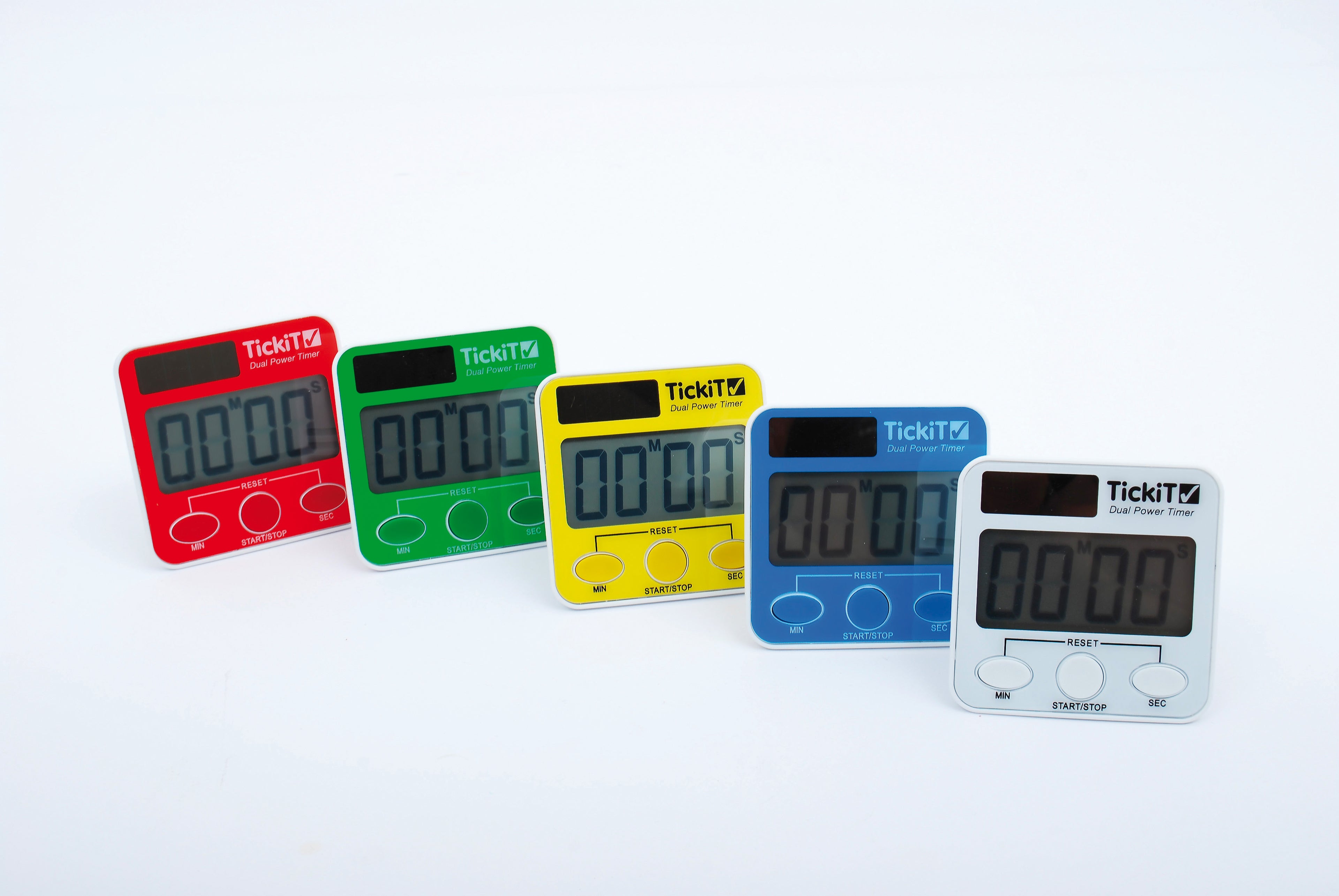 Assorted dual power digital timers in red, green, yellow, blue, gray, and white.