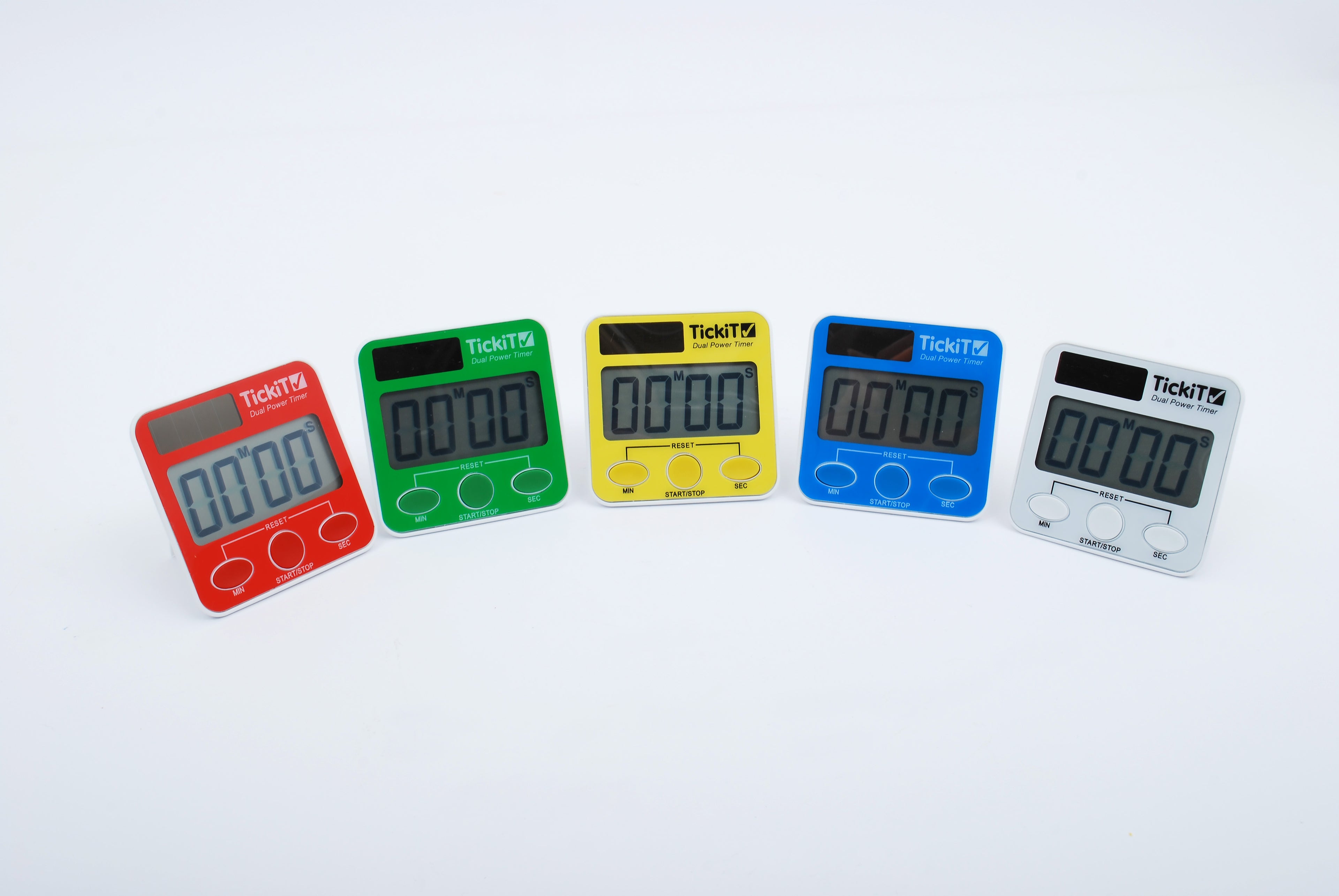 Set of 5 dual power digital timers: red, green, yellow, blue, and white.