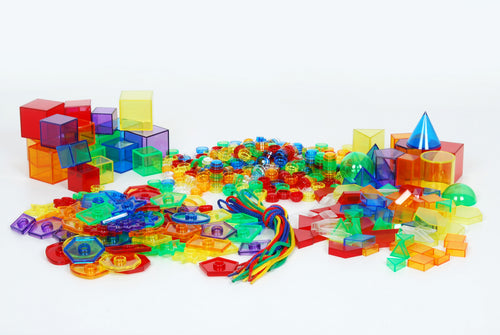 Colorful plastic math blocks and beads set, with geometric shapes and strings