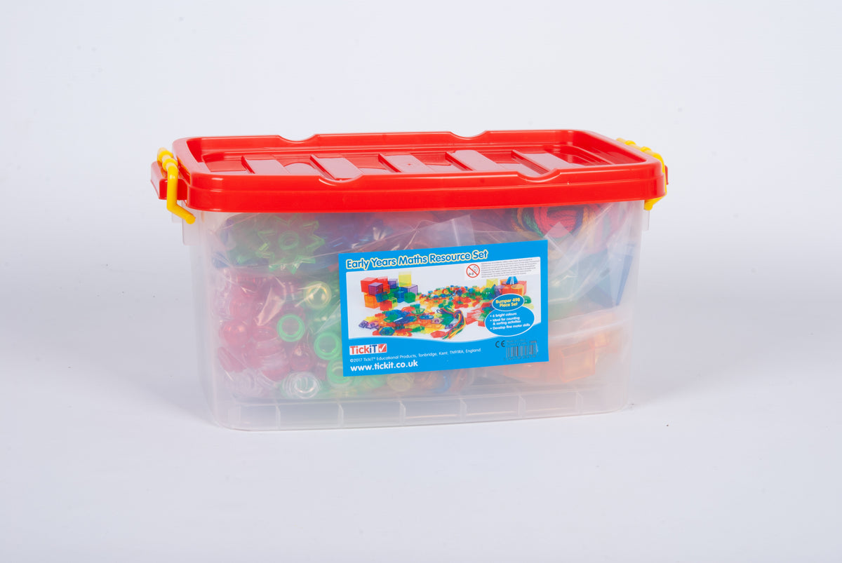 Clear storage box with red lid containing colorful math teaching pieces