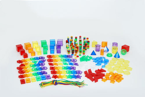 Stackable colored number blocks, counting rods, and measurement tiles with laces