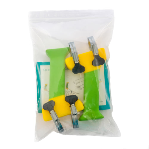 Easi-Grip® add-on handles set in clear pouch with green, yellow, and black grips