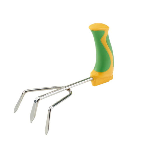 Hand cultivator with green and yellow grip and three silver metal tines