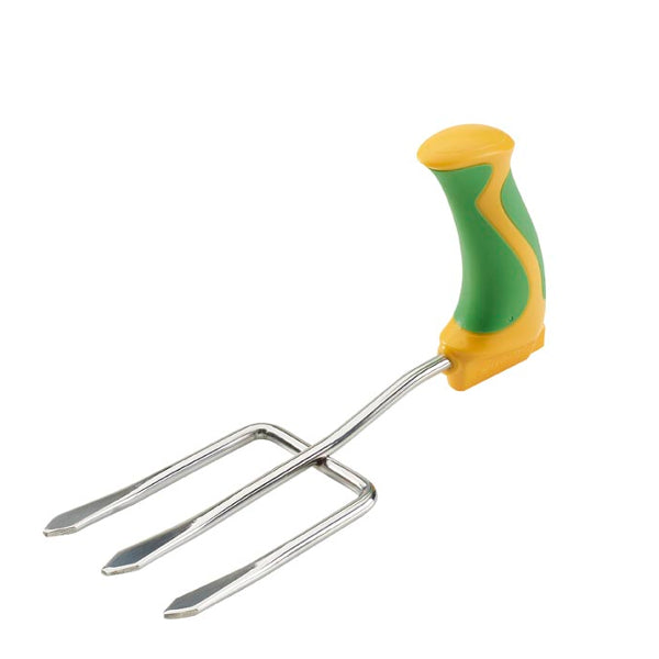 Easi-Grip fork with green-and-yellow handle and three chrome tines