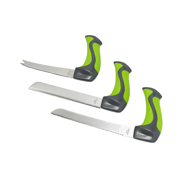 Set of 3 kitchen knives with green ergonomic handles and stainless-steel blades