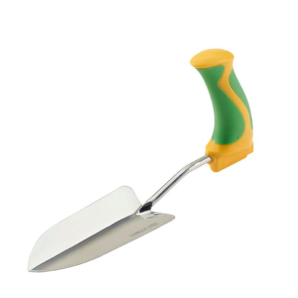 Easi-Grip trowel with yellow and green ergonomic handle and metal blade