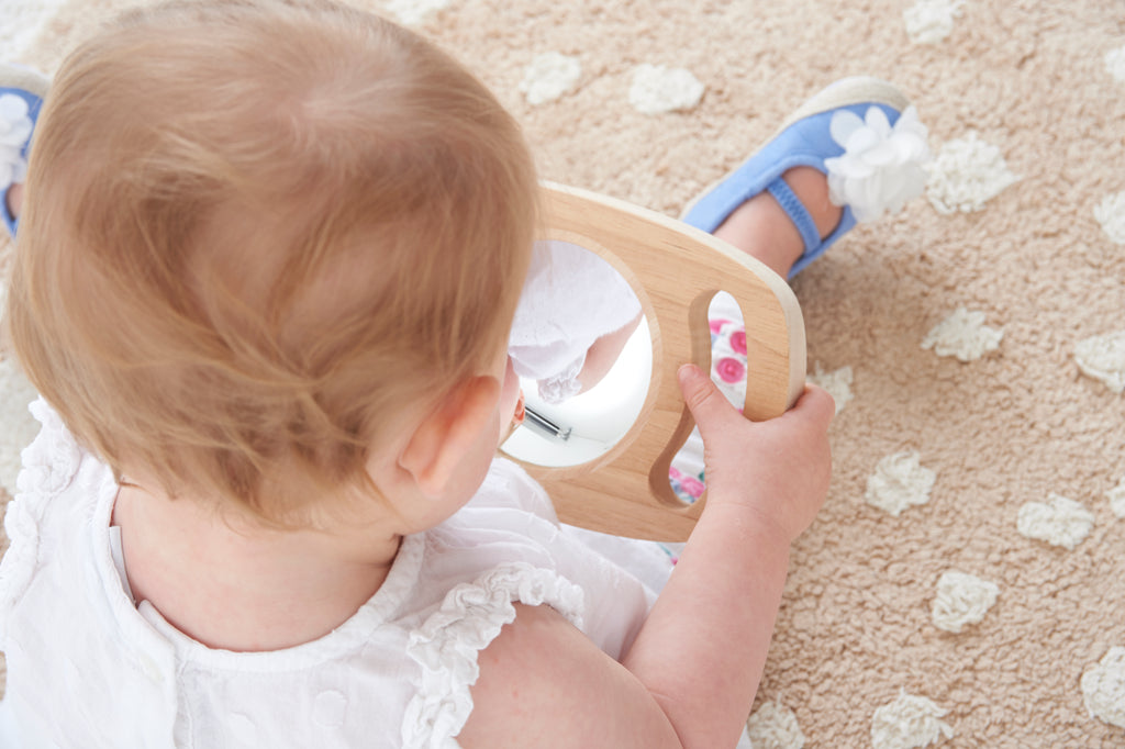 Oval wooden double-sided mirror toy with reflective convex/concave lenses