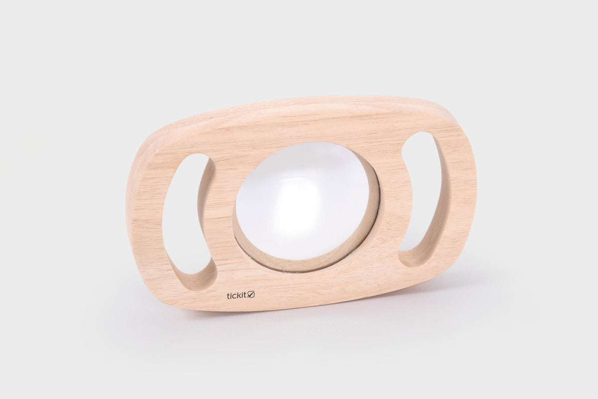 Light wood oval double-sided mirror toy with two reflective lenses