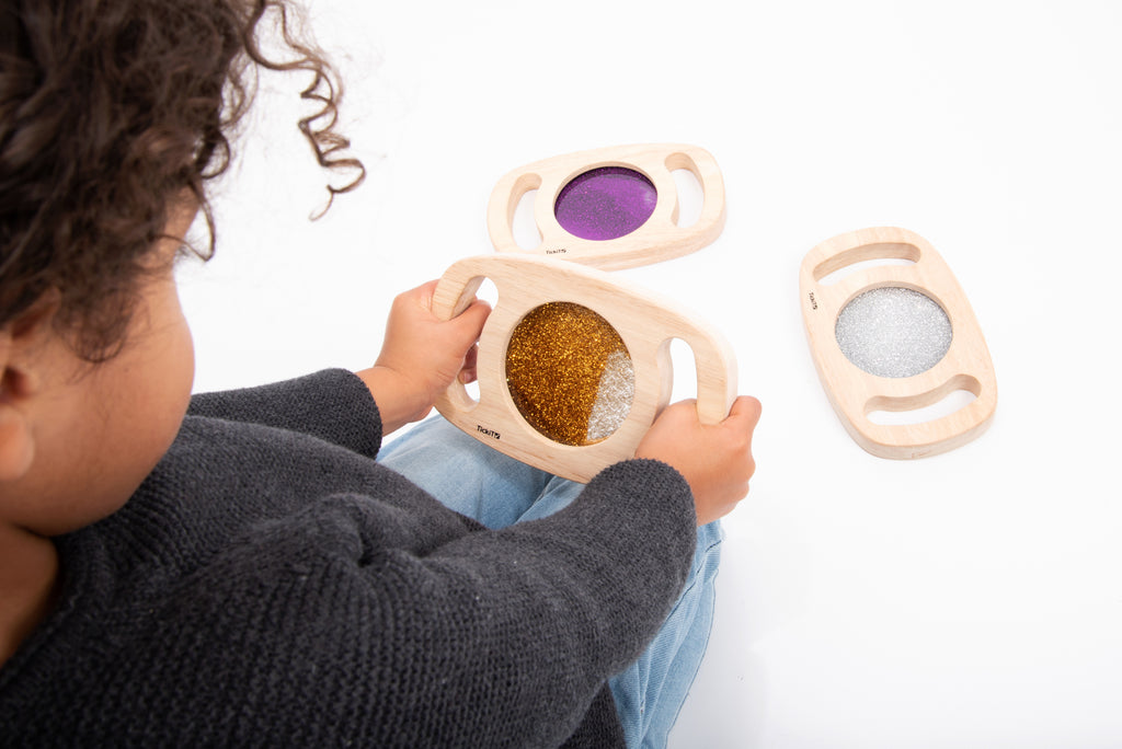 Wood glitter panel set toy with oval frames and glitter inserts in gold and gray
