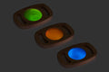 Set of wooden glow panels with green, amber, and blue illuminated discs