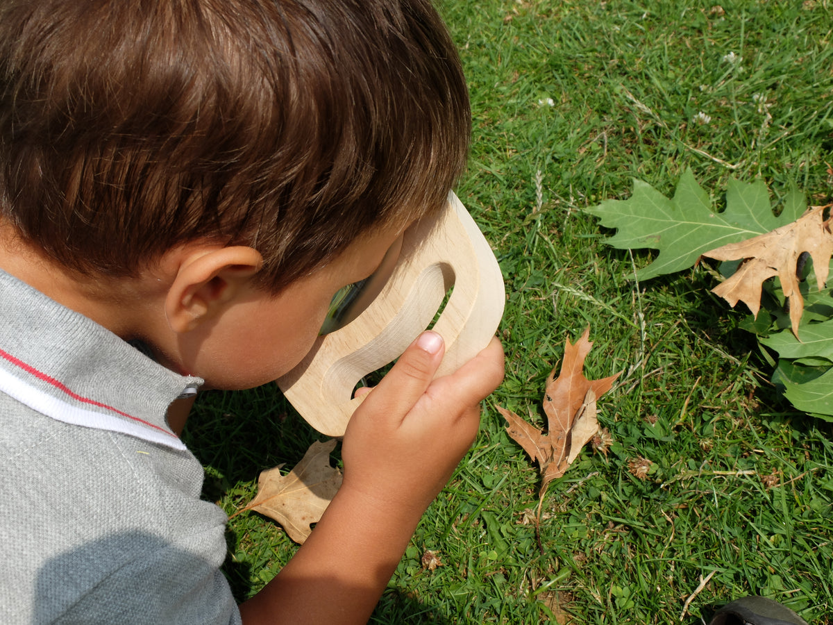 Child holding a wooden magnifier with round lens to inspect leaves