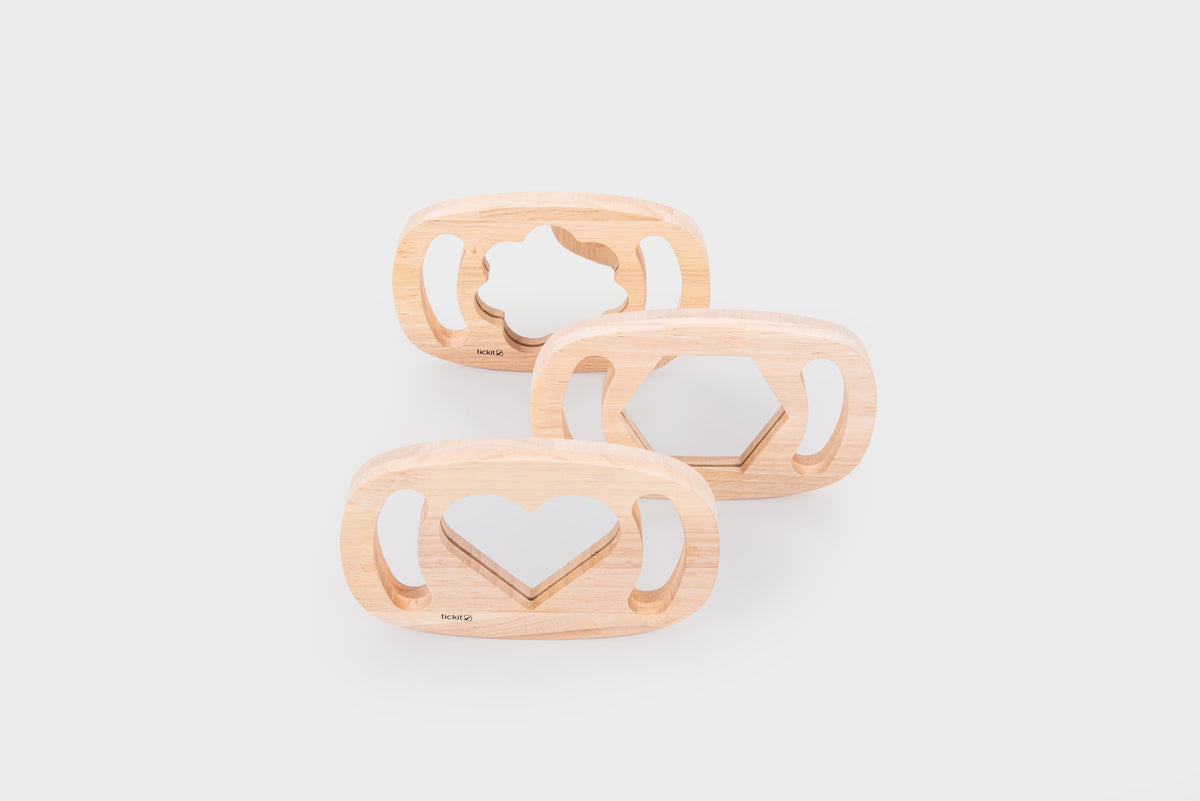 Wooden shape mirror set with heart, octagon, and shield frames with inserts
