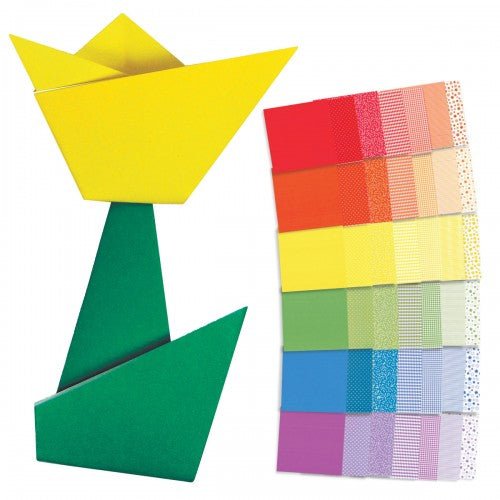 Economy origami folded paper sculpture in green with yellow top