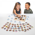 Memory game set with photo cards, wooden board, and matching round pieces