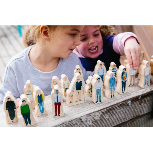 Wooden people figurine play set with 26 painted characters standing in a row