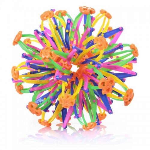 Expandable ball toy with multicolor plastic spring rods and orange caps