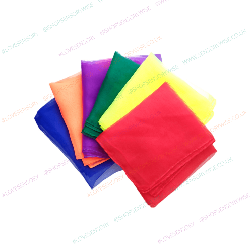Set of 6 bright neon fabric dance scarves in purple, green, yellow, red, orange, blue