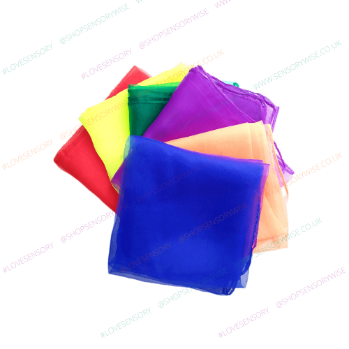 Set of 6 bright fabric dance scarves in red, purple, green, blue, yellow and peach tones