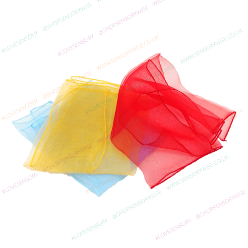 Sheer fabric juggling scarf set, 45 cm, red yellow light blue