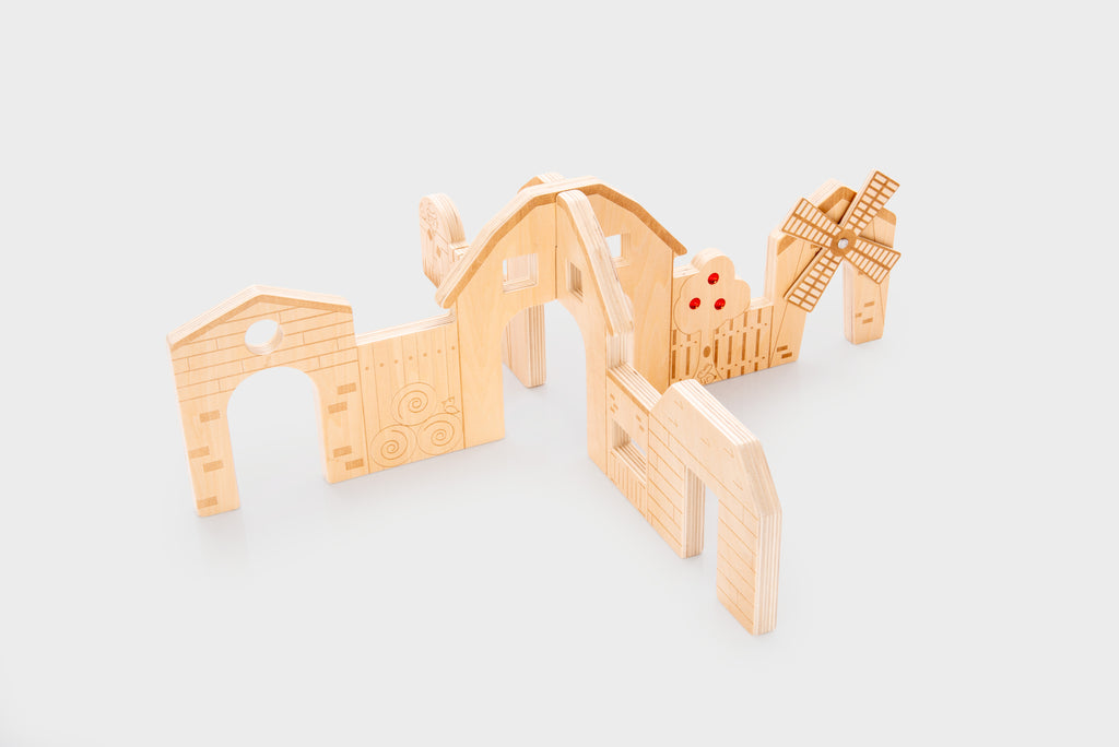 Wooden farm play dividers with two arched entrances, ladder detail, and side panels