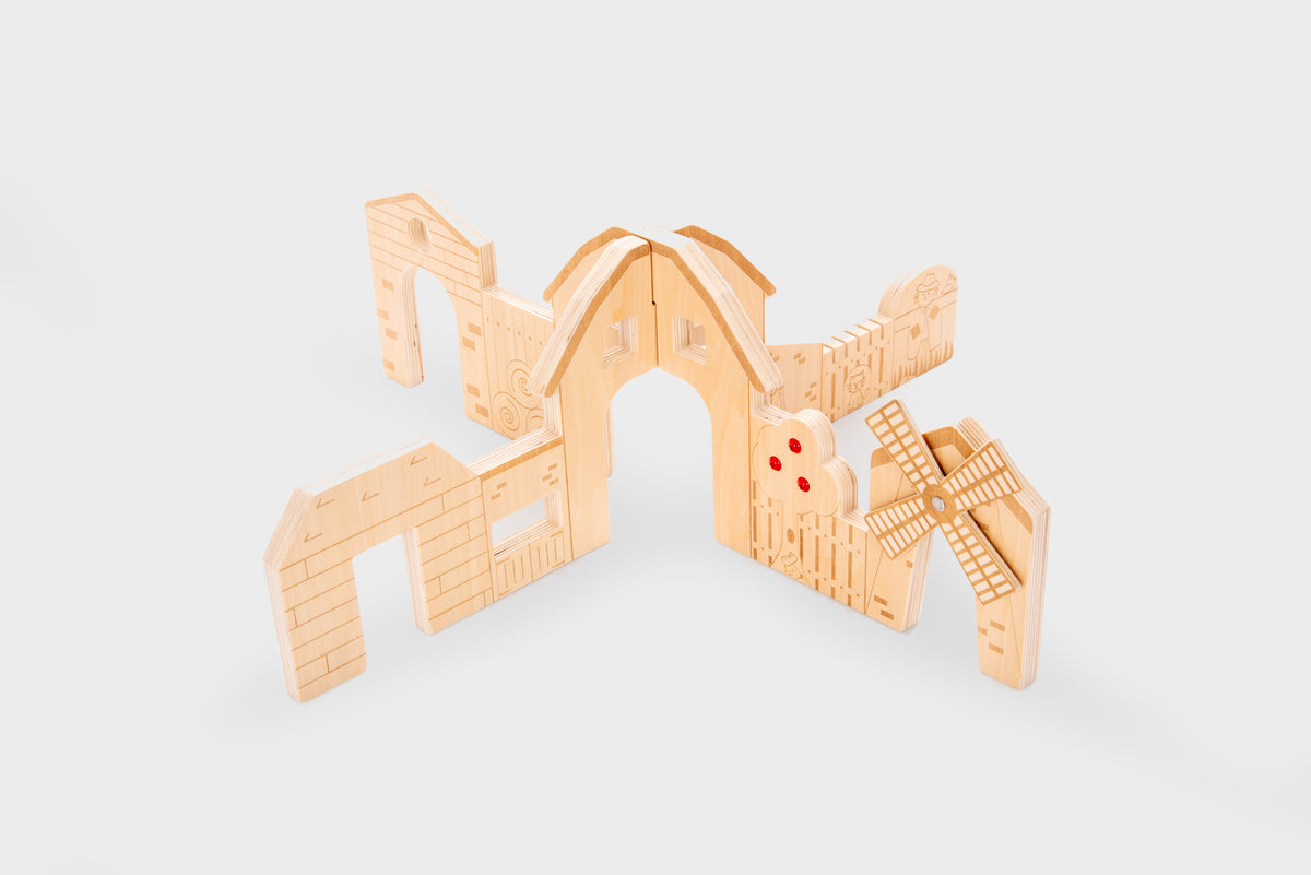 Wooden farm play dividers set with arched doors, windows, and small access ramps