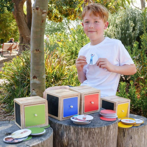 Children's emotions sorting toy with colorful wooden blocks and plates