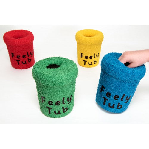Felt cup toys with 'Feely Tub' embroidery, set of red, green, yellow, blue