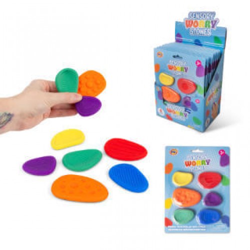 Fidget worry stones set of 6, smooth colorful pebble shapes, with hand holding one