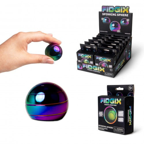 Iridescent rainbow spinning sphere fidget toy with smooth glossy finish